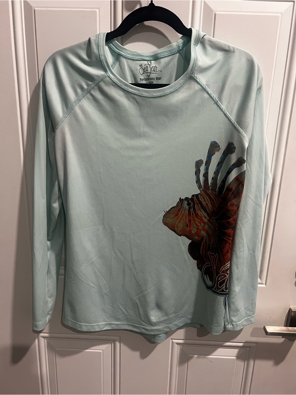 Sea Fear Women's Long Sleeve Performance Tee - Seafoam Green with Fish Graphic